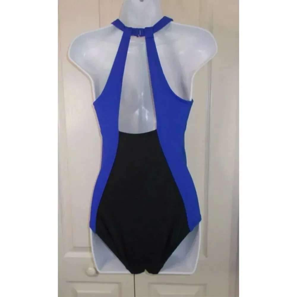 Land's End Size 12 High Neck One Piece Swimsuit Black Blue Colorblock Sporty